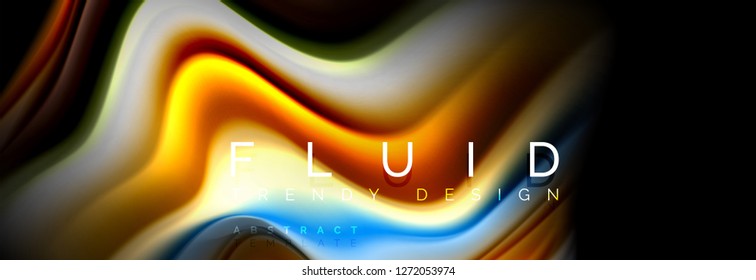 Bright colorful liquid fluid lines on black, vector modern abstract background