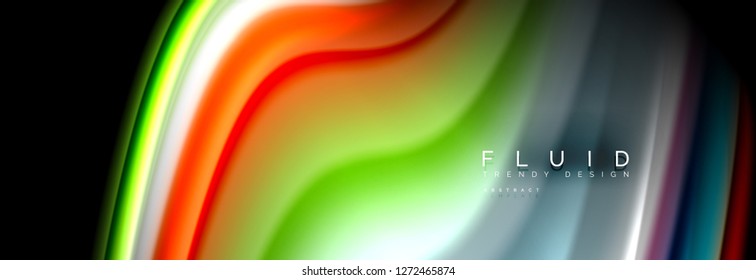 Bright colorful liquid fluid lines on black, vector modern abstract background