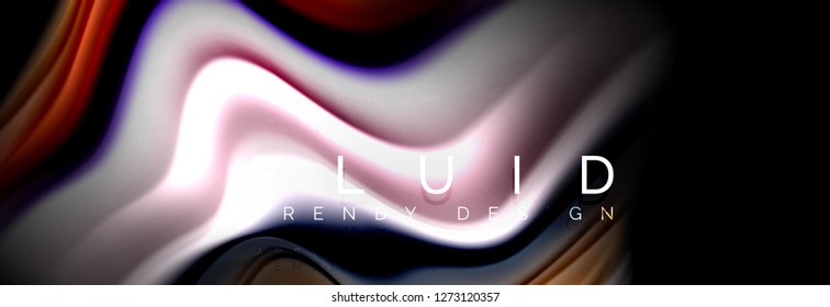 Bright colorful liquid fluid lines on black, vector modern abstract background