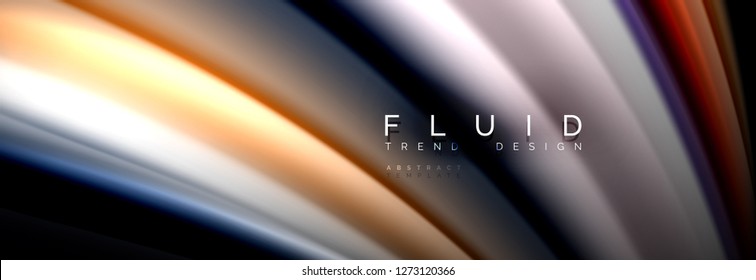 Bright colorful liquid fluid lines on black, vector modern abstract background