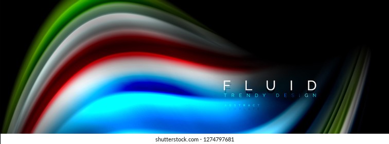 Bright colorful liquid fluid lines on black, vector modern abstract background