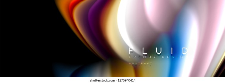 Bright colorful liquid fluid lines on black, vector modern abstract background