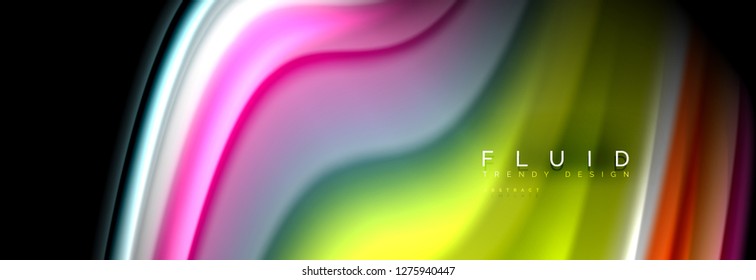 Líneas de líquido colorido brillante sobre fondo abstracto negro vectorial moderno