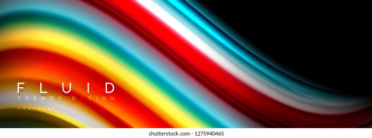 Bright colorful liquid fluid lines on black, vector modern abstract background