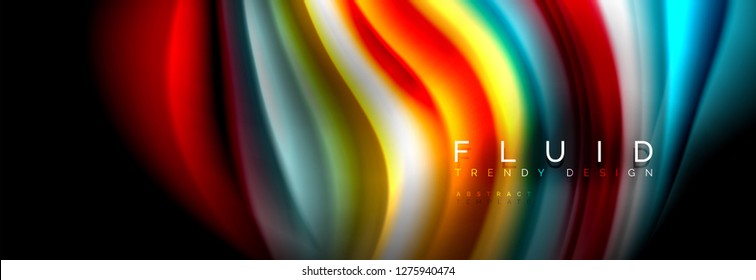 Bright colorful liquid fluid lines on black, vector modern abstract background