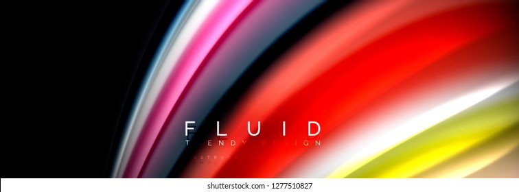 Bright colorful liquid fluid lines on black, vector modern abstract background