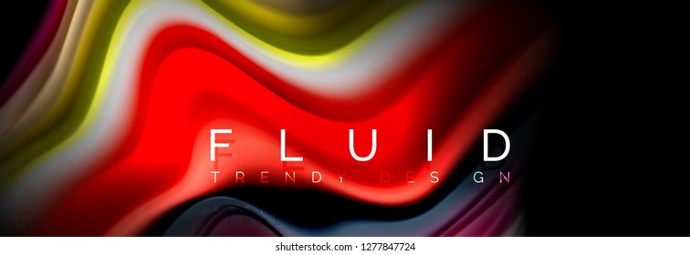 Bright colorful liquid fluid lines on black, vector modern abstract background