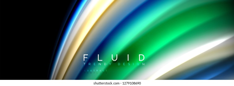 Bright colorful liquid fluid lines on black, vector modern abstract background