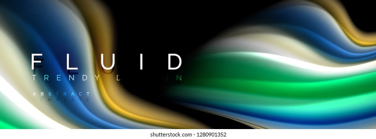 Bright colorful liquid fluid lines on black, vector modern abstract background