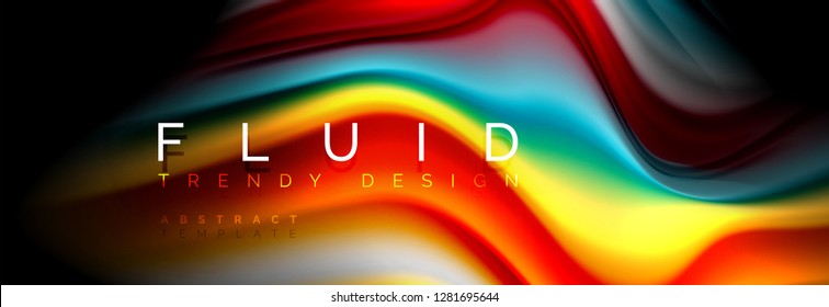 Bright colorful liquid fluid lines on black, vector modern abstract background