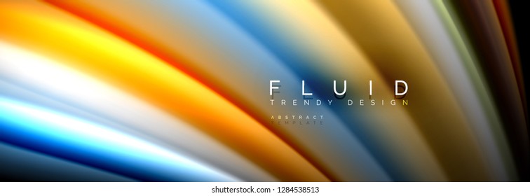 Bright colorful liquid fluid lines on black, vector modern abstract background