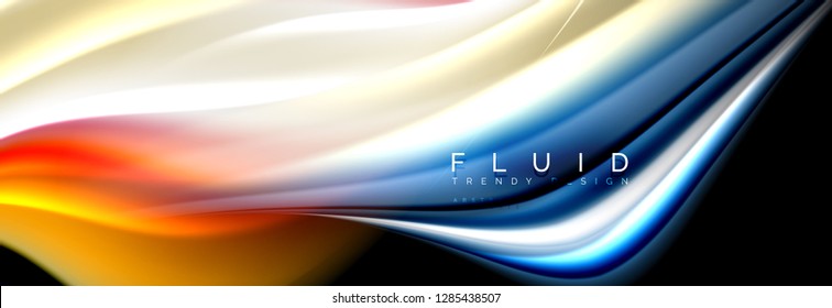Bright colorful liquid fluid lines on black, vector modern abstract background