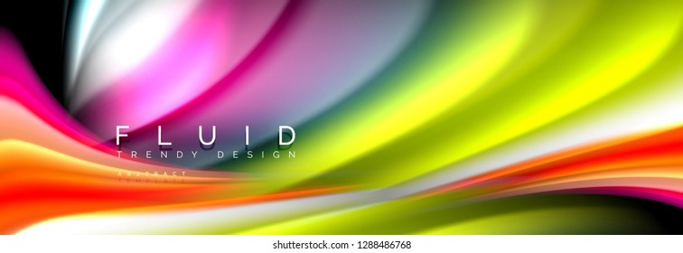 Bright colorful liquid fluid lines on black, vector modern abstract background
