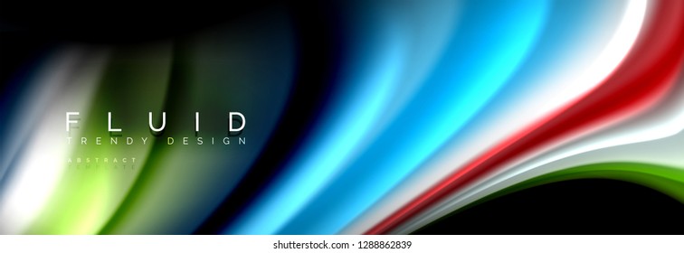 Bright colorful liquid fluid lines on black, vector modern abstract background