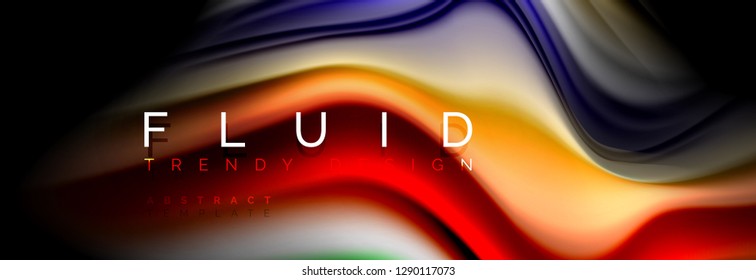 Bright colorful liquid fluid lines on black, vector modern abstract background