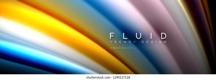 Bright colorful liquid fluid lines on black, vector modern abstract background