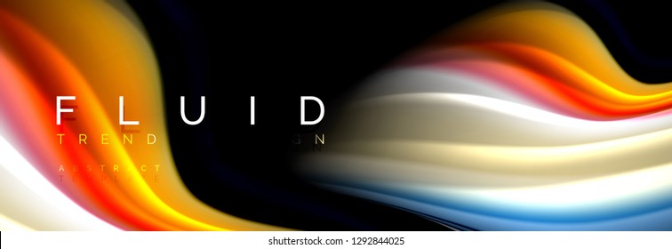 Bright colorful liquid fluid lines on black, vector modern abstract background