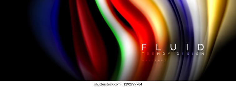Líneas de líquido colorido brillante sobre fondo abstracto negro vectorial moderno