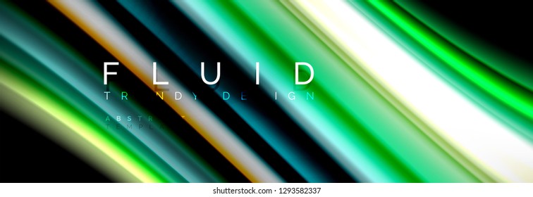 Bright colorful liquid fluid lines on black, vector modern abstract background