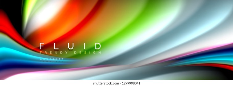 Bright colorful liquid fluid lines on black, vector modern abstract background