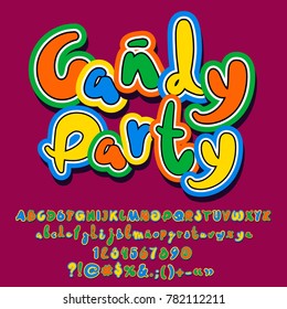Bright colorful logo with text Candy Party. Hand written vector Alphabet letters, Numbers and Punctuation Symbols