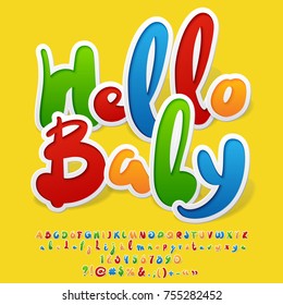 Bright colorful logo with text Hello Baby. Hand written vector Alphabet Letters, Numbers and Punctuation Symbols.