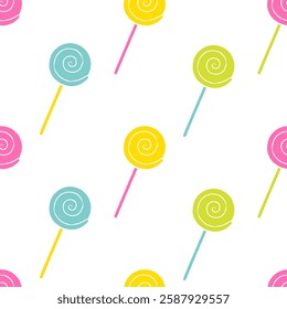 Bright Colorful Lollipop candy pattern on a white background. Seamless vector design  for wallpaper, textile, wrapping paper, and greeting cards. Sweet and confectionery theme.