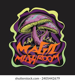 bright and colorful magic mushroom vector illustration, retro 90s style, suitable for band t-shirts, posters etc. Change the text according to your needs