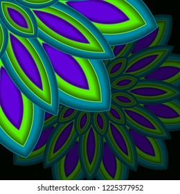 Bright colorful mandala, floral emblem, round ornamental dark background. Geometric pattern. Vector illustration