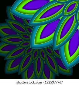 Bright colorful mandala, floral emblem, round ornamental dark background. Geometric pattern. Vector illustration
