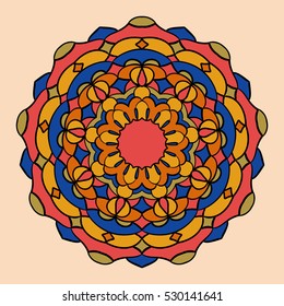 Bright colorful mandala on the light yellow background.