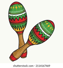 Bright colorful maracas with wooden handles on white background, vector illustration