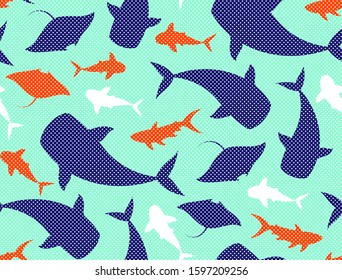 Bright colorful marine ocean animals background. Manta, eagle ray, whale sharks, shark species graphic illustration. Vector seamless polka dots trendy pop art style pattern.