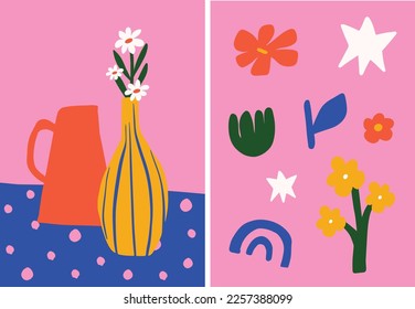 Jarrón y flor inspirados en matisse brillante y colorido. Composición botánica primavera verano en estilo contemporáneo. Perfecto para carteles, carteles, arte mural, tarjeta de felicitación, interiores.