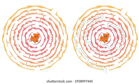 Bright, colorful maze, cute puppy in the middle. The task for children can be used in a book, magazine.