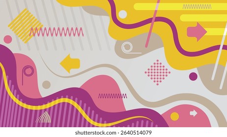 Bright colorful memphis style background with art elements. An excellent illustration for advertising, posters, postcards, business cards, corporate attributes and your other projects. Vector.