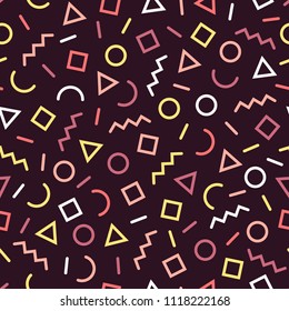 Bright, colorful memphis style pattern from sprinkle and squiggle forms. Pastel shades on purple background.