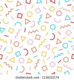 Bright, colorful memphis style pattern from simple geometric forms. Pink, blue, red and yellow colors.