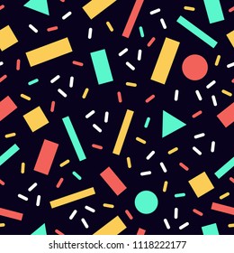 Bright, colorful memphis style pattern from simple geometric forms. Blue, white, red and yellow colors. On dark blue background