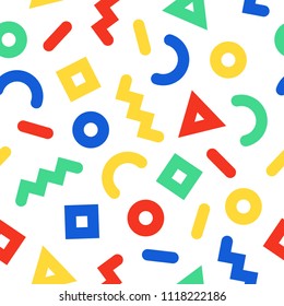 Bright, colorful memphis style pattern from simple geometric forms and simple colors.