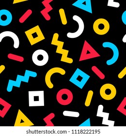 Bright, colorful memphis style pattern from simple geometric forms and simple colors. On black background.