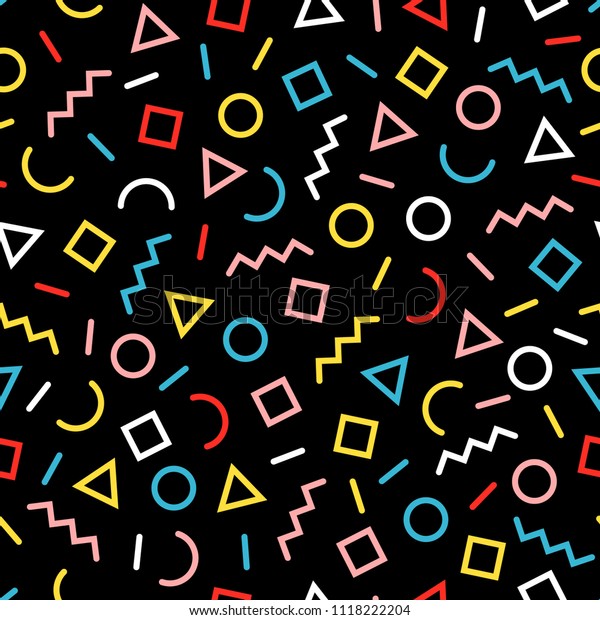 Bright, colorful memphis style pattern
from sprinkle and squiggle forms. On black
background.