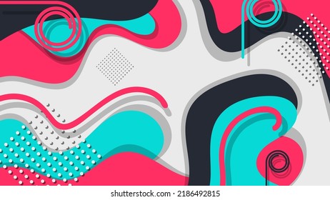 Bright colorful memphis style wallpaper. Groups of circles in white, wavy and spiral stripes against a background of overlapping abstract shapes with wavy edges. Vector.