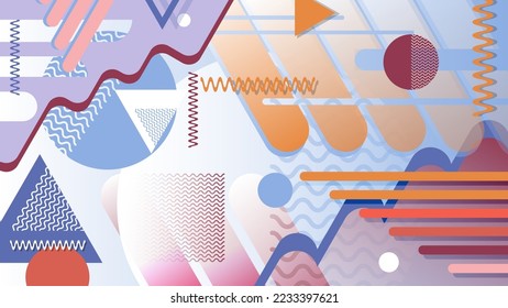 Bright colorful memphis style wallpaper. Chaotically overlapping diverse geometric textured shapes, stripes on a gradient background. Vector.