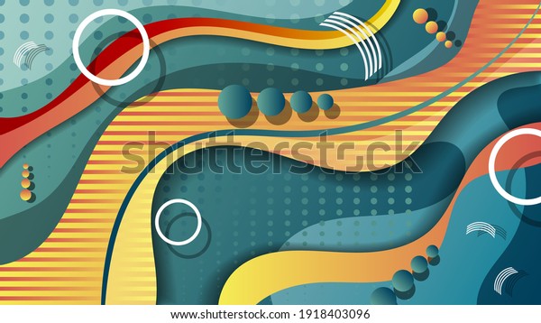 bright colorful memphis style wallpaper. yellow-orange overlapping smooth stripes, circles and white rings of different sizes, shapes with wavy edges are randomly located on an azure background.vector