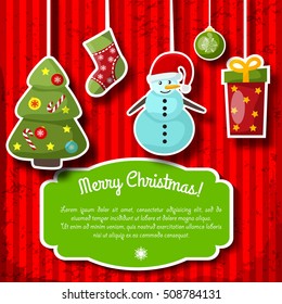 Bright colorful merry christmas flat postcard with new year symbols and text field vector illustration