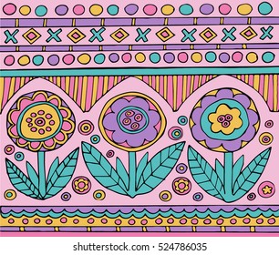 Bright colorful mexican seamless pattern with flowers.Hand drawn pink boho background. Vector