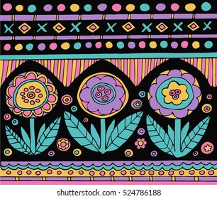 Bright colorful mexican seamless pattern with flowers.Hand drawn boho background. Vector