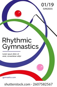 Bright colorful minimalistic rhythmic gymnastics poster depicting a composition with a swirling, waving ribbon and balls, close up. Trendy vector concept sport design 