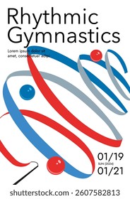 Bright colorful minimalistic rhythmic gymnastics poster depicting a composition with a swirling, waving ribbon and balls, close up. Trendy vector concept sport design 